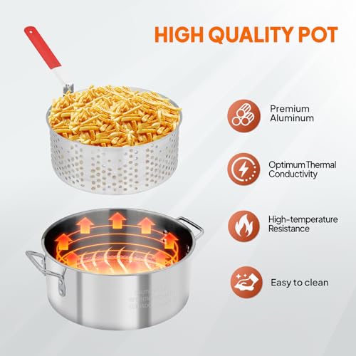 ROVSUN 10Qt Aluminum Fish Fryer Pot with Strainer Basket, Outdoor Fryer with 55,000 BTU Propane Gas Burner, Thermometer & Lid for Fish, Chicken Wings, Seafood Frying & Backyard Cooking - size: 10QT