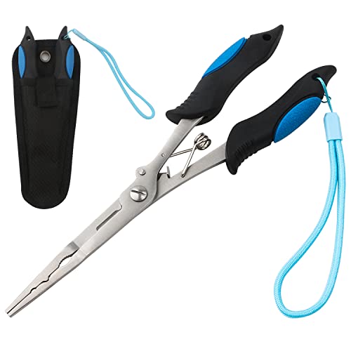 mouhike Fishing Pliers Long Nose Stainless Steel Fish Hook Remover Braid Cutters Split Ring Fish Pliers with Lanyard Fish Holder Ice Fly Fishing Gear Freshwater Saltwater Fishermen Gift