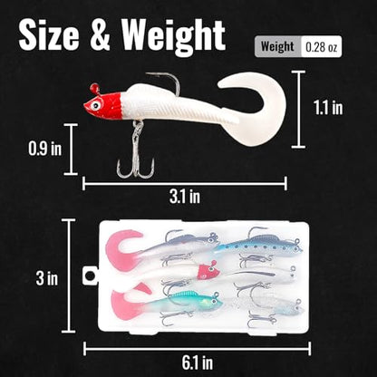 Soft Fishing Lures for Bass 6pcs Curly Tail Swimbaits Pre-Rigged Jig Head Baits with Tackle Box for Freshwater Saltwater Trout Crappie Walleye Realistic Action 3D Eyes Sharp Hooks Kit
