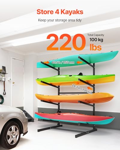 VEVOR Kayak Storage Rack, Heavy Duty Adjustable Freestanding Stand with Lockable Wheels for Indoor Outdoor Garage Shed Dock, Holder for Canoe, SUP, Surfboard & Paddleboard - style: Stand-4 Kayaks-black