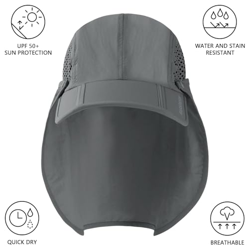 BASSDASH UPF 50+ Foldable Fishing Hat Baseball Cap with Removable Neck Flap Portable for Men Women Golf Hiking - color: Light Grey With Foldable Brim
