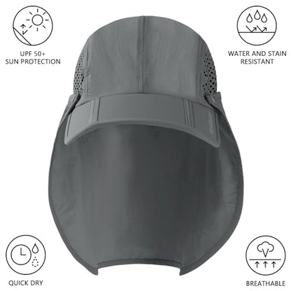 BASSDASH UPF 50+ Foldable Fishing Hat Baseball Cap with Removable Neck Flap Portable for Men Women Golf Hiking - color: Light Grey With Foldable Brim