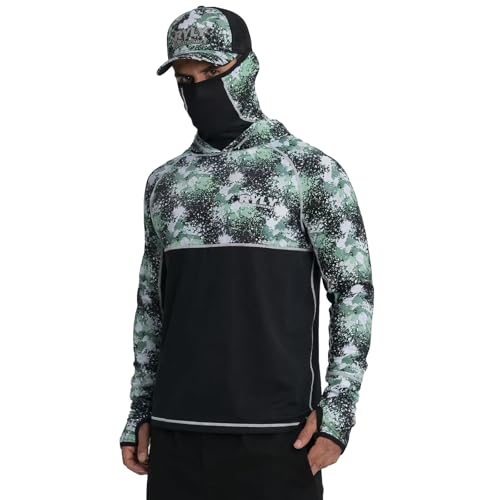 Men's Performance Fishing Shirts,Sun Protection Hoodie Long Sleeve UPF 50+ Hiking Shirt with Mask Cap - color: Dark Green, size: XX-Large
