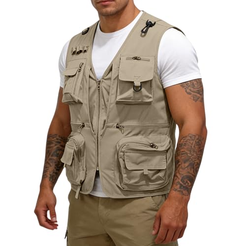 Men's Fishing Vest Casual Utility Lightweight Cargo Vest with Multi Pockets Outdoor Safari Photo Travel Jacket Vest - color: Y001- Khaki, size: Medium