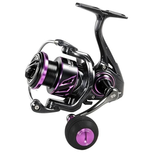 SOUGA Spinning Reel, Black Purple Metal Body Fishing Reel for Bass Pike Freshwater Light Saltwater, 9+1 BB, 5.2:1 Gear Ratio, CNC Aluminum Spool, Foldable Left Right Handle, EVA Knob,Size 1000-4000 - size: 1000