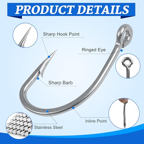 Live Bait Hooks Saltwater, 50pcs O'shaughnessy Circle Hooks Short Shank Stainless Steel Fishing Hooks in-Line Point Fishing J Hooks for Catfish Tuna Bass Salmon Size 1#-5/0 - size: 5/0-50pcs