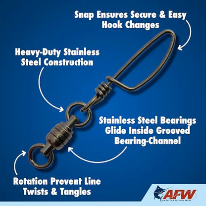 American Fishing Wire Stainless Steel Ball Bearing Snap Swivels with Double Welded Rings - size: 10 pc, #5, 245 lb test, style: 10 Piece