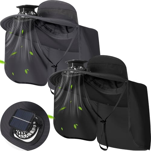 Maiteenly 2 Pcs Solar Fan Hat for Men with Neck Flap Bucket Fan Buit in Hats for Hiking Fishing Outdoor USB and Solar Powered - color: Gray,black