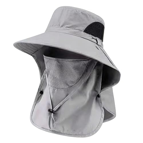 Sun Hat for Men and Women, UPF 50+ UV Protection, Wide Brim Breathable, Fish Hat with Neck Flap and Breathable Face Mask - color: Light Gray