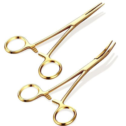 BBTO Hemostat Curved and Straight Hemostat Forceps Piercing Pliers Forceps, Stainless Steel Straight and Curved Pliers, Fishing Tweezer(Gold,2 Pcs) - color: Gold