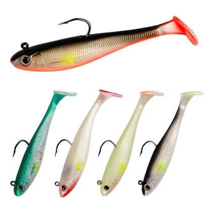 Paddle Tail Swimbait Fishing Lures for Bass Fishing | 5/6/15 Pcs Soft Plastic Lures With Paddle Tail, Pre-Rigged Jig Hook Options for Walleye, Pike & Trout Fishing - color: 5Pcs Pre-Rigged Paddle Tails