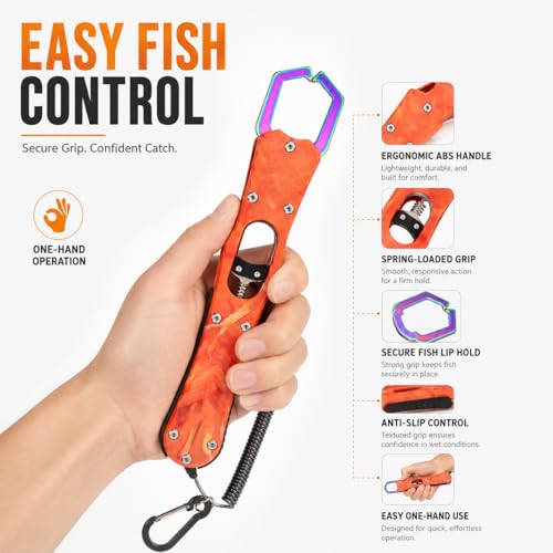 YINEE Fishing Pliers and Fish Lip Gripper Set, Stainless Steel Fishing Gear, Saltwater Hook Remover Split Ring Tool - color: Orange-Fishing Pliers&Fish Lip Grippe