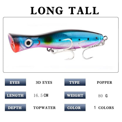 Popper Fishing Lure, JAZALIC 1 PCS Topwater Popper Lures 3D Eyes Fishing Accessories for Saltwater Surface Casting and Freshwater Gt Tuna Kingfish Large Predator Fish (6.3in, 2.82Oz) - color: Blue
