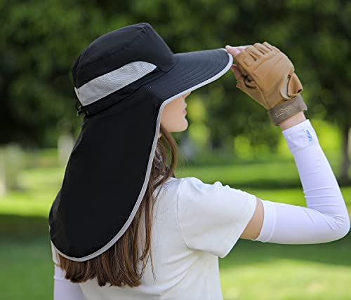 HUAMULAN Women Large Brim Sun Hat with Neck Flap, Men Quick Dry Hiking Fishing Safari Hat UPF 50+ - color: Hyp011-black