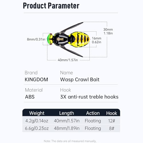 Kingdom Wasp Crawl Bait Insect Bionic Floating Fishing Lures Swimbaits Hard Artificial Baits Lure Freshwater and Saltwater Bass Carp Pike Walleye Fishing ABS Material Carbon Steel Three Book Hook - color: 01, size: 6.6g