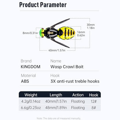 Kingdom Wasp Crawl Bait Insect Bionic Floating Fishing Lures Swimbaits Hard Artificial Baits Lure Freshwater and Saltwater Bass Carp Pike Walleye Fishing ABS Material Carbon Steel Three Book Hook - color: 01, size: 6.6g