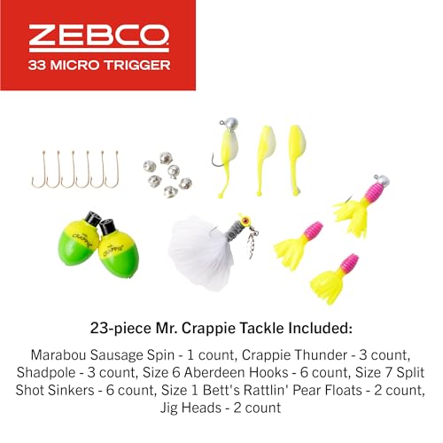 Zebco 33 Micro Trigger Spincast Reel and Fishing Rod Combo, 6-Foot 6-Inch 2-Piece Telescopic Rod, Ultra-Lt Power, Mod Action, Size 10 Reel, 4.3:1 Gear Ratio, 23-Piece Mr. Crappie Tackle Kit, Silver