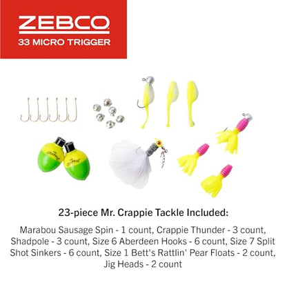 Zebco 33 Micro Trigger Spincast Reel and Fishing Rod Combo, 6-Foot 6-Inch 2-Piece Telescopic Rod, Ultra-Lt Power, Mod Action, Size 10 Reel, 4.3:1 Gear Ratio, 23-Piece Mr. Crappie Tackle Kit, Silver