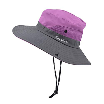 Sun Hat for Women Summer UV Protection Beach Hat Wide Brim Mesh Bucket Fishing Hat with Ponytail Hole Foldable Packable Hat - color: Purple(with Ponytail Hole)