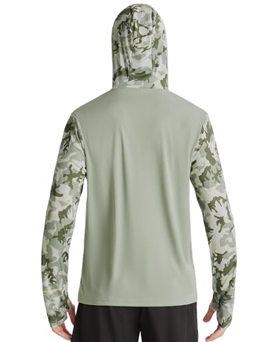 FISHEAL Men's Performance Fishing Hoodie Shirt - UPF 50+ UV Sun Protection Long Sleeve Shirts with Mesh Face Mask - color: Olive Green Camo, size: Large