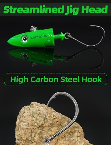 BLUEWING Jig Heads Saltwater 2oz,3oz,4oz,5oz,6oz,7oz Swimming Jigheads 1pc with High Carbon Steel Swing Hook and 6in/9in Replacement Tail Big Game Fishing Lures - color: Swimming Jig - Green, size: 2oz Head - 9in Tail