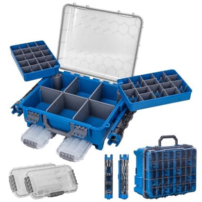 THKFISH Waterproof Double Side Tackle Box, Portable Storage Box with 2 Pack 3500 Stowaway Boxes & Rod Holders, Fishing Lure Organizer YellowPink/Green/Blue/Grey (L-Blue) - color: L-Blue