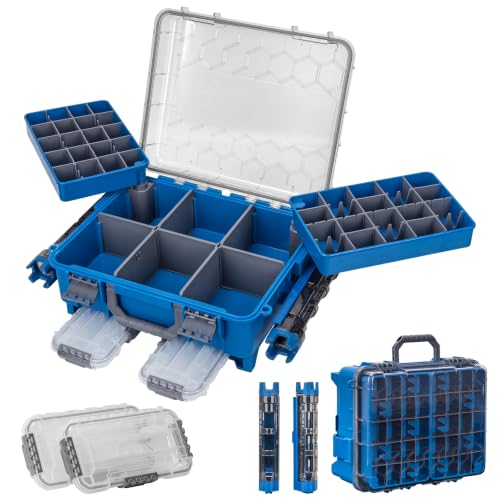THKFISH Waterproof Double Side Tackle Box, Portable Storage Box with 2 Pack 3500 Stowaway Boxes & Rod Holders, Fishing Lure Organizer YellowPink/Green/Blue/Grey (L-Blue) - color: L-Blue