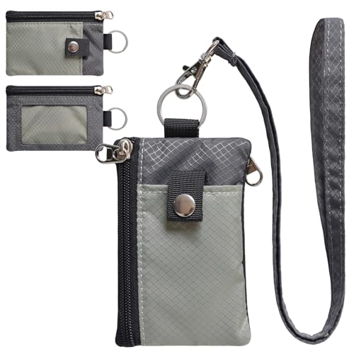 CHENSPRX Minimalist RFID Blocking Small Wallet with ID Window,WaterResistant Zip Id Case Wallet with Lanyard Keychain for Cards,Cash,Travel,Women,Men - color: Gray+DardGray