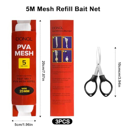 DONQL 5M PVA Mesh Carp Fishing with Scissors, 3 Pcs PVA Bags Carp Fishing, 45" Fast Water Soluble Mesh Bags Refill Bait - size: 25MM