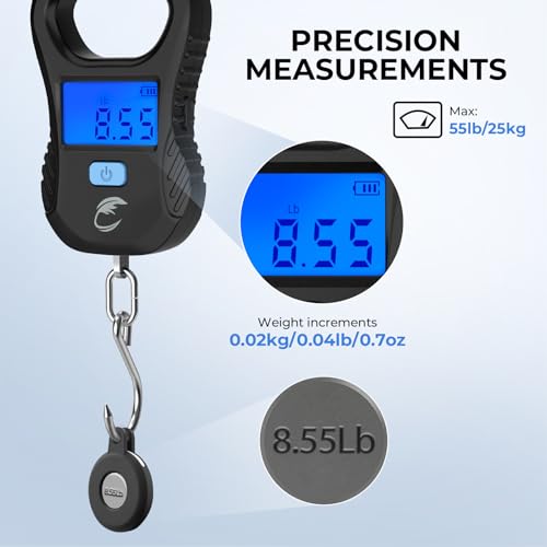 Calamus Lightweight Fish Scale – Rechargeable Digital Scale with USB Cable, 55lb Capacity, Multi-Units Pound/Ounces & Kilograms, High Accuracy, Backlight LCD Display, Fishing Gifts for Men - color: Black