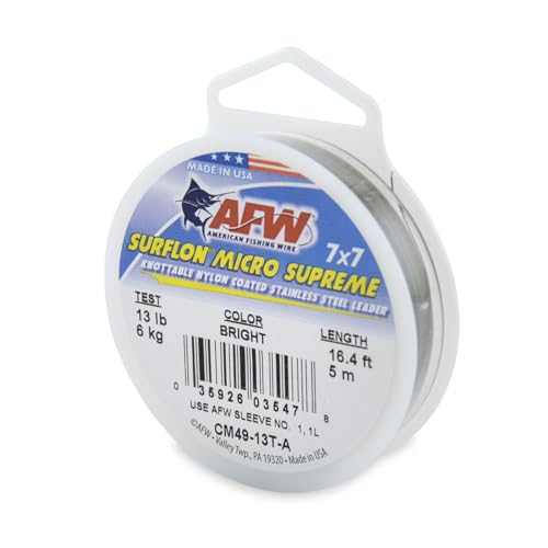 American Fishing Wire Surflon Micro Supreme Nylon Coated 7x7 Stainless Steel Leader Wire - Knottable Wire Leaders for Fishing Saltwater, Fly Fishing, 13lb Test - 90lb Test, Bright, Black & Camo Colors - color: Bright, style: 5 Meter, 13 Pound Test