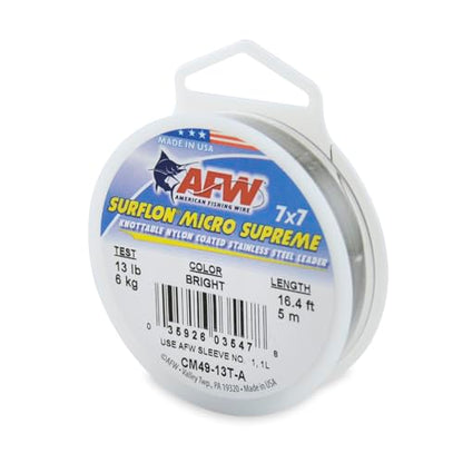 American Fishing Wire Surflon Micro Supreme Nylon Coated 7x7 Stainless Steel Leader Wire - Knottable Wire Leaders for Fishing Saltwater, Fly Fishing, 13lb Test - 90lb Test, Bright, Black & Camo Colors - color: Bright, style: 5 Meter, 13 Pound Test