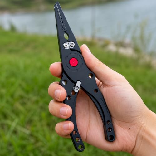 predolo Aluminum Alloy Fishing Pliers with Cutter, Hook Removal & Split Circle Tool, Nylon Sheath Included, 300g Lightweight, Black - color: Black