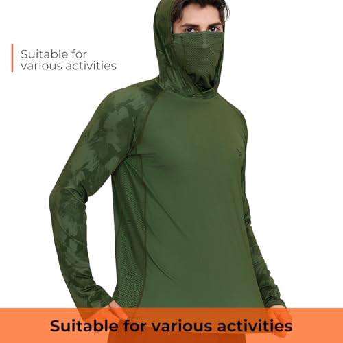 Rodeel UPF 50+ Men’s Long Sleeve Performance Fishing Hiking Shirt with Mask UV Neck Gaiter Hoodie - color: A2.3pack:blue,green,brown, size: Large