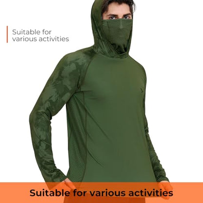 Rodeel UPF 50+ Men’s Long Sleeve Performance Fishing Hiking Shirt with Mask UV Neck Gaiter Hoodie - color: A2.3pack:blue,green,brown, size: Small