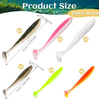 30pcs Soft Plastic Fishing Lures Paddle Tail Swimbaits Soft Baits Lure for Bass Crappie Trout Shad Freshwater Saltwater Fishing Mixed 3.5 Inch 4.7 Inch Swim Bait Kit with Box - color: White, Black, Pink, Orange, Yellow
