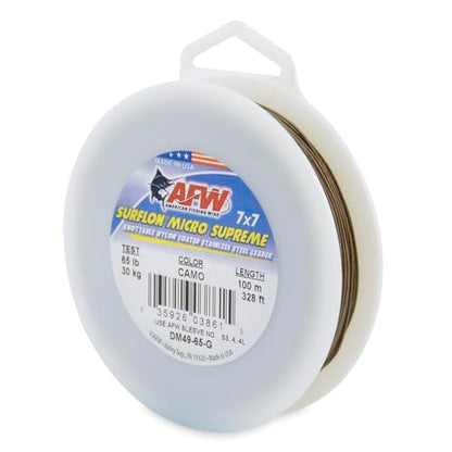 American Fishing Wire Surflon Micro Supreme Nylon Coated 7x7 Stainless Steel Leader Wire - Knottable Wire Leaders for Fishing Saltwater, Fly Fishing, 13lb Test - 90lb Test, Bright, Black & Camo Colors - color: Camo, style: 100 Meter, 65 Pound Test