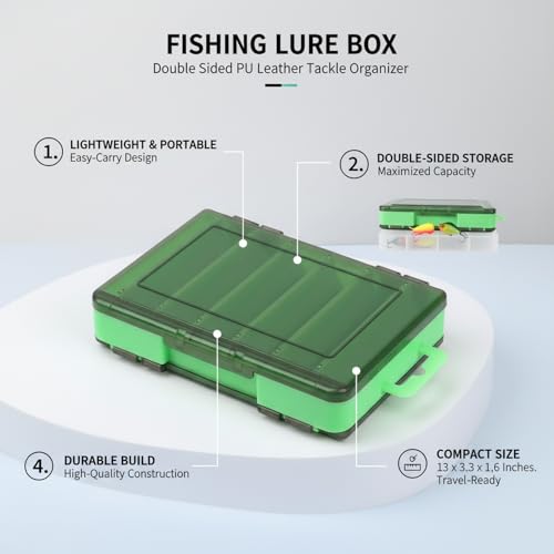 Double-Sided Fishing Lure Box, Slim PU Leather Tackle Organizer for Kayak & Travel, 13 x 3.3 x 1.6 Inches - color: Green