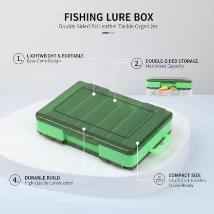 Double-Sided Fishing Lure Box, Slim PU Leather Tackle Organizer for Kayak & Travel, 13 x 3.3 x 1.6 Inches - color: Green
