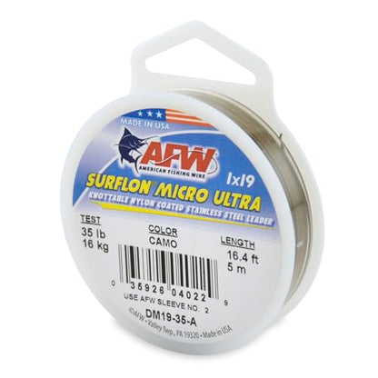 American Fishing Wire Surflon Micro Ultra Nylon Coated 1x19 Stainless Steel Leader Wire - Knottable Fishing Leaders Saltwater & Fly Fishing, 6lb Test - 61lb Test, Bright, Black & Camo Colors - color: Camo, style: 5 Meter, 35 Pound Test