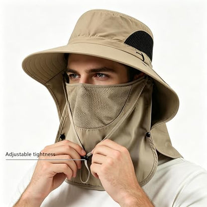 Sun Hat for Men and Women, UPF 50+ UV Protection, Wide Brim Breathable, Fish Hat with Neck Flap and Breathable Face Mask - color: Khaki