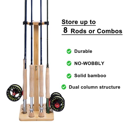 Fishing Pole Rod Racks—Floor Stand Bamboo Fishing Gear Equipment Storage Organizer, Easy Installation - Square rods holder - style: holds up 8 rods