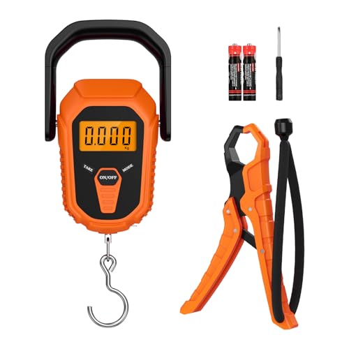 Fish Scale, Waterproof Floating Fishing Scale with Lip Gripper, 110lb/50kg Hanging Digital Fish Digital Scale, Floating with LCD Backlit, Tape Measure for Fishing Hunting, Batteries Included - color: Orange