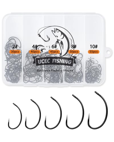 UCEC 190/220/260PCS Barbless Fishing Hooks, Carp Hooks Circle Curve Shank Fly Tying Fishing Hook Tackle Kit for Freshwater Saltwater Hair Rig Trout Size: 2# 4# 6# 8# 10# - size: 220PCS,2# 4# 6# 8# 10#