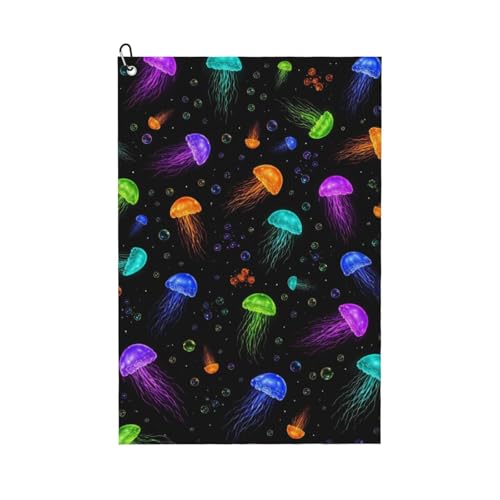 Colorful Marine Jellyfish Golf Towel 16" X 24" with Clip Golfer Bags Accessories Gifts - color: Colorful Marine Jellyfish