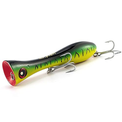 Dr.Fish Popper Saltwater Fishing Lures, 8 Inches GT Popper VMC Treble Hooks Surf Fishing Lures for Striper Tuna Barracuda Mackerel Snapper Bluefish Pencil Plugs Offshore - color: Green Yellow(Black Stripes, 8", 1 Pack)