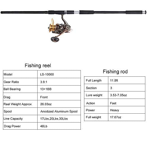 Dr.Fish Surf Fishing Rod and Reel Combos Saltwater Fishing Gear Set 12ft Surf Rod 10000 Reel Offshore Inshore Casting Pole Beach Casting Spinning Pole Kit Equipment Set Striper Pompano Flounder - color: Black Fishing Rod