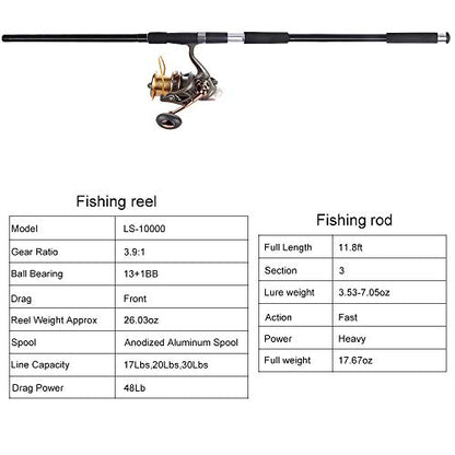 Dr.Fish Surf Fishing Rod and Reel Combos Saltwater Fishing Gear Set 12ft Surf Rod 10000 Reel Offshore Inshore Casting Pole Beach Casting Spinning Pole Kit Equipment Set Striper Pompano Flounder - color: Black Fishing Rod