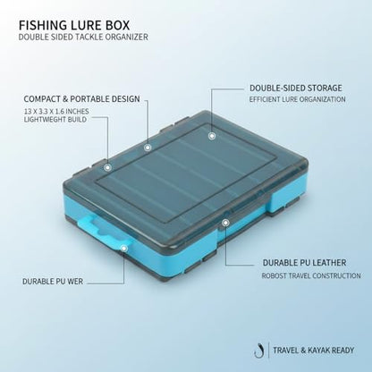 Double-Sided Fishing Lure Box, Slim PU Leather Tackle Organizer for Kayak & Travel, 13 x 3.3 x 1.6 Inches - color: Blue