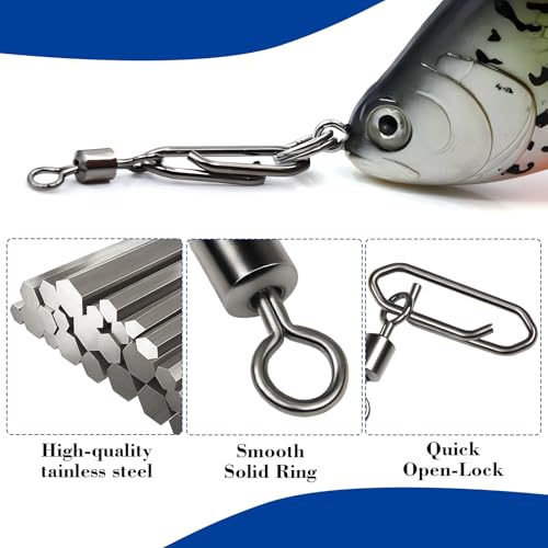 55Pcs High Strength Fishing Swivels, Stainless Steel Speed Clips with Barrel Swivels, Saltwater/Freshwater Snaps Swivel Change Quick Clips Snap Black Nickel